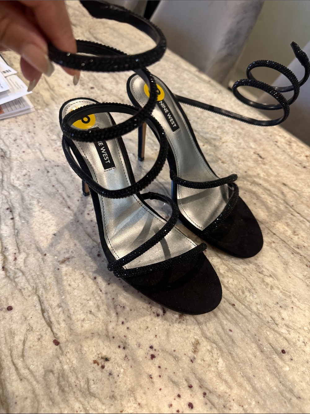 Nine West Black Glitter Wrap-Around Stiletto Sandals